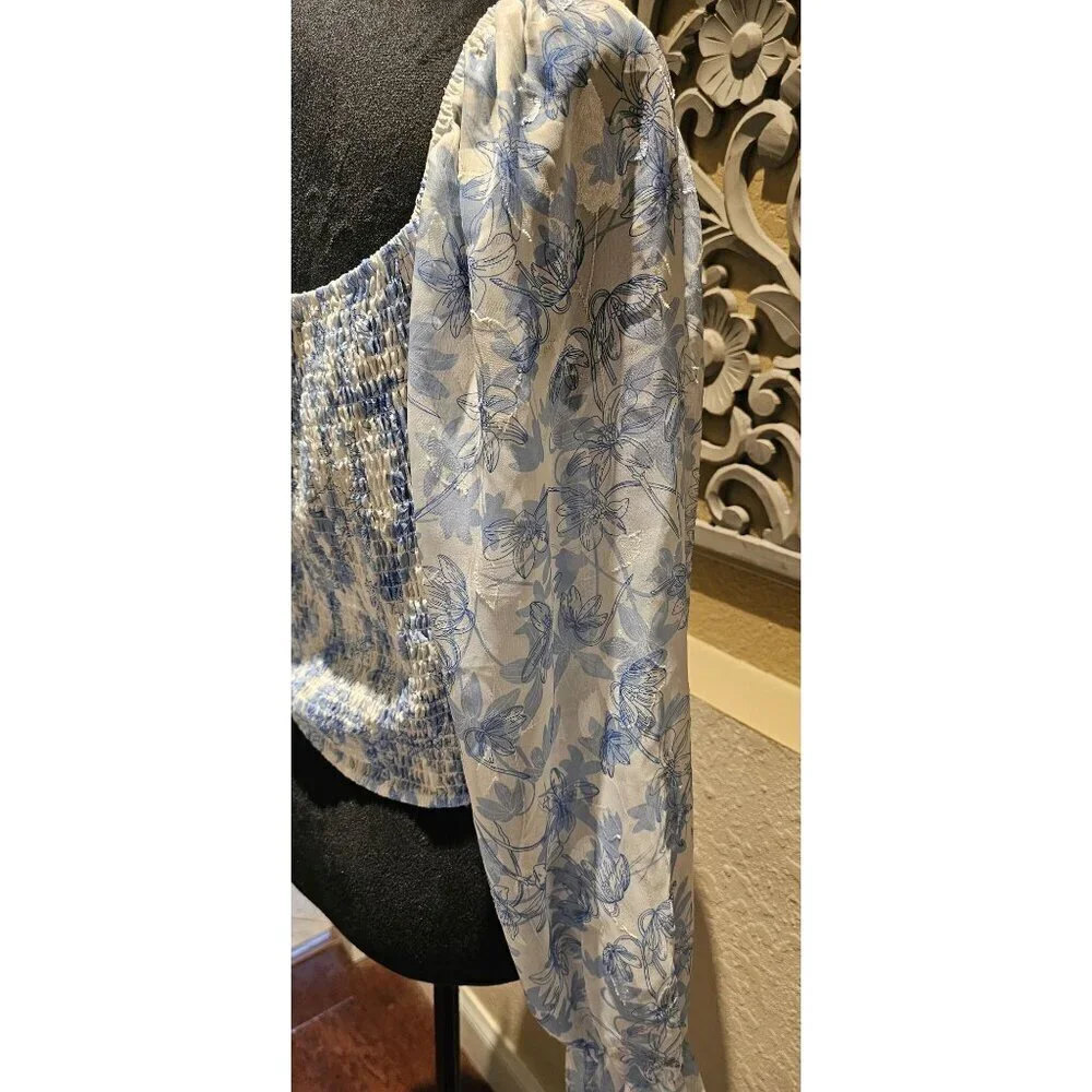 Unbranded Cottagecore Romantic Blue & White Floral S Puff Sleave Top - Picture 6 of 6